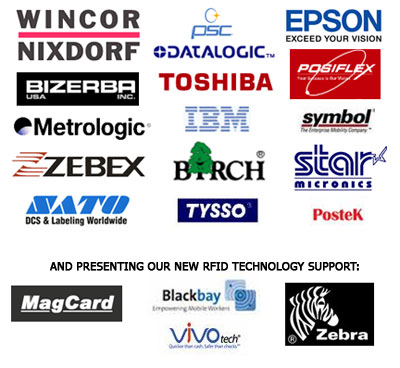 Wincor Nixdorf, PSC, Datalogic, Epson, Posiflex, Bizerba, Toshiba, Metrologic, IBM, symbol, Zebex, Birch, Star, Sato, Tysso, Postek, MagCard, Blackbay, Vivotech, Zebra